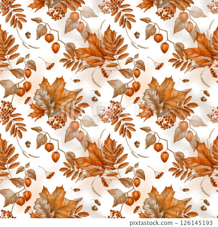 Seamless pattern of autumn maple leaves,physalis,mountain ash with oak leaves and a bunch of rowan berries.Watercolor seamless pattern on transparent background Seamless pattern of autumn maple leaves,physalis,mountain ash with oak leaves and a bunch of rowan berries.Watercolor seamless pattern on transparent background 126145193