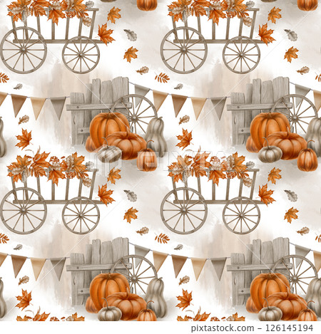 Autumn seamless pattern with orange and gray pumpkins, rustic cart,round wheels, wooden fence, autumn maple and oak leaves and garlands of triangular flags and watercolor gray spots Autumn seamless pattern with orange and gray pumpkins, rustic cart,round wheels, wooden fence, autumn maple and oak leaves and garlands of triangular flags and watercolor gray spots 126145194