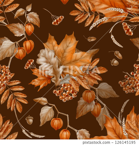 Seamless pattern of autumn maple leaves,physalis,mountain ash with oak leaves and a bunch of rowan berries.Watercolor seamless pattern on brown background Seamless pattern of autumn maple leaves,physalis,mountain ash with oak leaves and a bunch of rowan berries.Watercolor seamless pattern on brown background 126145195
