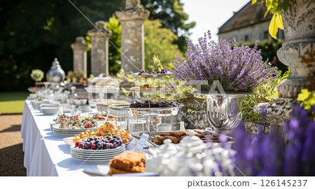 Outdoor wedding buffet table with lavender and a variety of dishes. 126145237