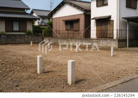 White boundary posts lined up neatly on a vacant lot in a residential area 126145294