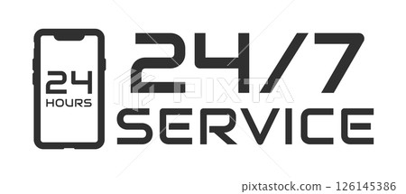 24 7 Service open 24 h hours a day and 7 days a week circle stamp icon. Shop support logo symbol sign button. Vector illustration image. Isolated on white background. 126145386