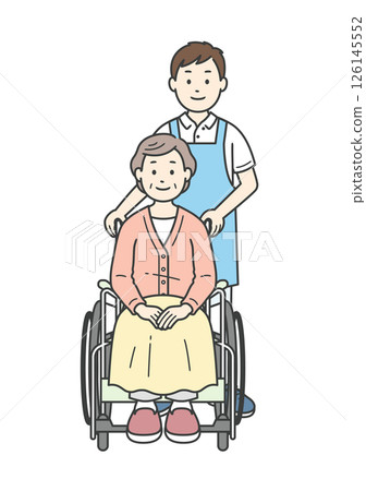 男性護理人員協助坐輪椅的女性老人的插圖集 126145552