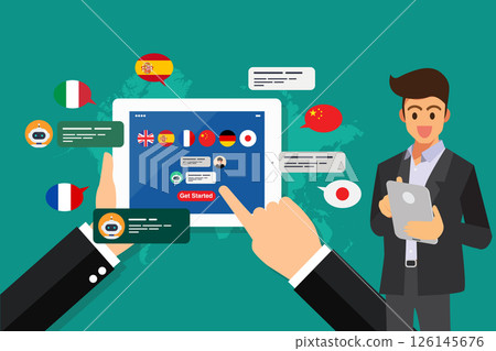Businessman learning of different foreign languages through the tablet in the hand 126145676