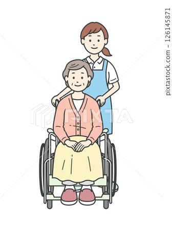 Illustration set of a female caregiver assisting an elderly woman in a wheelchair Illustration set of a female caregiver assisting an elderly woman in a wheelchair 126145871