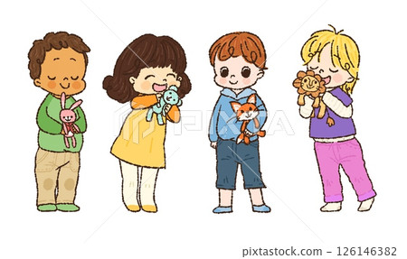 Children and their favorite stuffed animals 2 Hand-drawn 126146382