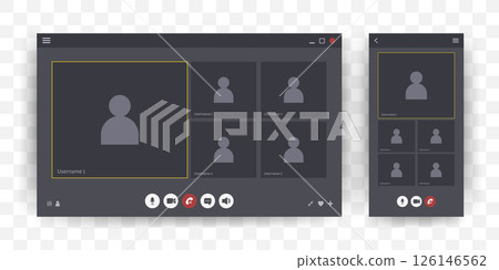 Videocall Interface. Online Video chat mockup. Computer or Laptop template. Virtual meeting platform display. Vector Illustration in flat style Videocall Interface. Online Video chat mockup. Computer or Laptop template. Virtual meeting platform display. Vector Illustration in flat style 126146562