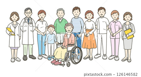 A full-body illustration of an elderly couple, their family, a doctor, a nurse, a caregiver, a care manager, and a nutritionist 126146582