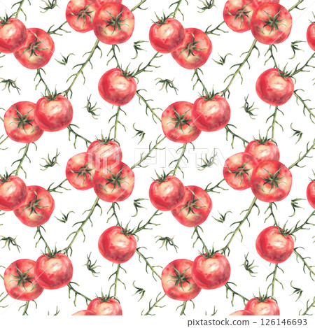 Watercolor Tomatoes with green plant stem. Red vegetables seamless pattern. Realistic painted illustration. Ripe juicy fruit, farming food clipart for fabric, wallpaper on isolated white background 126146693