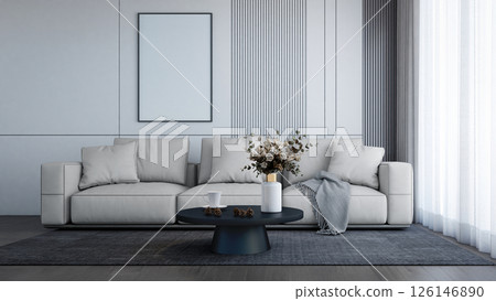 A modern living room featuring a light-colored sofa, a round coffee table, and decorative elements like flowers and a throw blanket. 3d rendering. 126146890