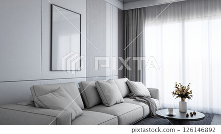 A modern, minimalist living room featuring a light gray sofa, large windows with sheer curtains, and a decorative coffee table with flowers. 3d rendering. A modern, minimalist living room featuring a light gray sofa, large windows with sheer curtains, and a decorative coffee table with flowers. 3d rendering. 126146892