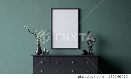 A stylish black dresser adorned with a minimalist vase, decorative branches, and a sculpture against a muted green wall. 3d rendering 126146912