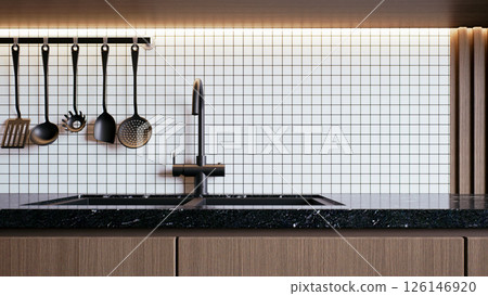 A modern kitchen scene featuring a sleek black faucet, stylish utensils hanging above a textured backsplash, and a polished dark countertop. 3d rendering mock up room interior. 126146920