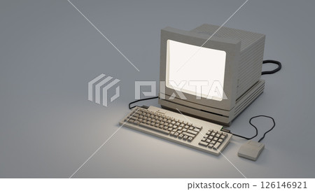 A vintage computer setup featuring a monitor, keyboard, and mouse, highlighting retro technology design. 3d rendering. A vintage computer setup featuring a monitor, keyboard, and mouse, highlighting retro technology design. 3d rendering. 126146921