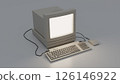 A vintage computer setup featuring a monitor, keyboard, and mouse, all in a minimalist design with a monochromatic color scheme. 126146922