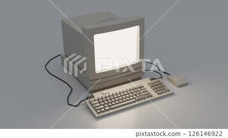 A vintage computer setup featuring a monitor, keyboard, and mouse, all in a minimalist design with a monochromatic color scheme. A vintage computer setup featuring a monitor, keyboard, and mouse, all in a minimalist design with a monochromatic color scheme. 126146922