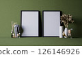 A minimalist interior scene featuring empty picture frames, decorative vases, dried flowers, and a stone sculpture against a textured green background. 3d rendering. 126146926