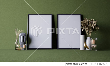A minimalist interior scene featuring empty picture frames, decorative vases, dried flowers, and a stone sculpture against a textured green background. 3d rendering. A minimalist interior scene featuring empty picture frames, decorative vases, dried flowers, and a stone sculpture against a textured green background. 3d rendering. 126146926