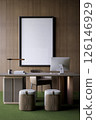 A modern office setup featuring a sleek desk, comfortable chair, and minimalist decor, set against a textured wall and vibrant green carpet. 3d rendering interior room design and decoration. 126146929