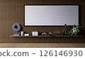 A modern interior living room decoration with a wooden wall, minimalistic decor, a large blank frame, and assorted decorative items on a shelf. 3d rendering. 126146930