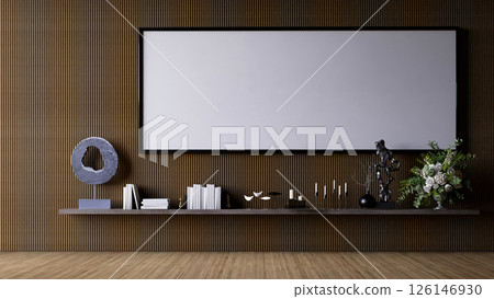 A modern interior living room decoration with a wooden wall, minimalistic decor, a large blank frame, and assorted decorative items on a shelf. 3d rendering. A modern interior living room decoration with a wooden wall, minimalistic decor, a large blank frame, and assorted decorative items on a shelf. 3d rendering. 126146930