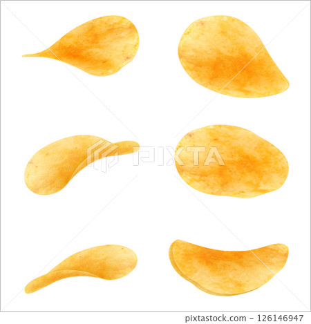 Set of potato chips close-up on an isolated white background. Realistic 3D vector illustration. Can be used for for advertising, package or promo ads, delicious food, ripple meal Set of potato chips close-up on an isolated white background. Realistic 3D vector illustration. Can be used for for advertising, package or promo ads, delicious food, ripple meal 126146947