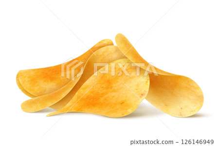 Crispy potato chips stack, pile and heap, realistic 3D vector . Isolated chips for advertising, package or promo ads, delicious food, ripple meal 126146949