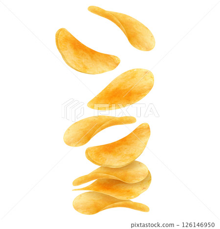 Flying and falling crispy potato chips realistic vector background. Thin crunchy slices of fried potato vegetable with salt and spices 3d backdrop of fast food snacks and crisps 126146950