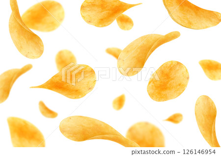 Flying and falling crispy potato chips realistic vector background. Thin crunchy slices of fried potato vegetable with salt and spices 3d backdrop of fast food snacks and crisps Flying and falling crispy potato chips realistic vector background. Thin crunchy slices of fried potato vegetable with salt and spices 3d backdrop of fast food snacks and crisps 126146954