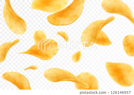 Flying and falling crispy potato chips realistic vector background. Thin crunchy slices of fried potato vegetable with salt and spices 3d backdrop of fast food snacks and crisps Flying and falling crispy potato chips realistic vector background. Thin crunchy slices of fried potato vegetable with salt and spices 3d backdrop of fast food snacks and crisps 126146957
