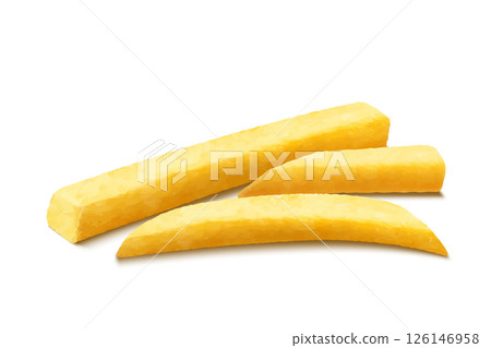French fries. Roasted potato chips in deep fat fry oil potatoes. Yellow sticks, isolated on white background. Fastfood. Unhealthy tasty food. Horizontal banner. Realistic 3d vector illustration. French fries. Roasted potato chips in deep fat fry oil potatoes. Yellow sticks, isolated on white background. Fastfood. Unhealthy tasty food. Horizontal banner. Realistic 3d vector illustration. 126146958
