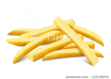 French fries. Roasted potato chips in deep fat fry oil potatoes. Yellow sticks, isolated on white background. Fastfood. Unhealthy tasty food. Horizontal banner. Realistic 3d vector illustration. 126146959