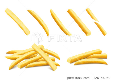 French fries set. Roasted potato chips in deep fat fry oil potatoes. Yellow sticks, isolated on white background. Fast Food. Unhealthy tasty food. Horizontal banner. Realistic 3d vector illustration. 126146960