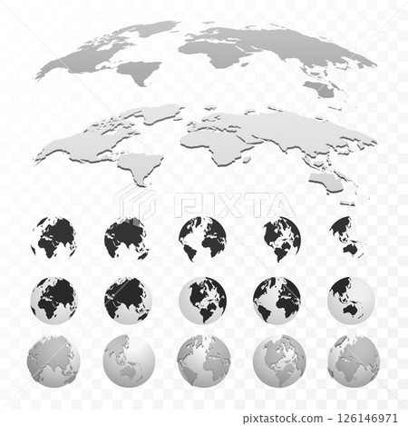 Set of globes of Earth. Realistic world map in globe shape with transparent texture. Globe icons. Earth hemispheres with continents. 3d vector world map set. 126146971