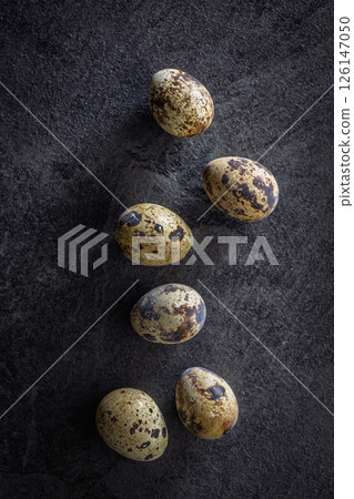 Spotted quail eggs on black table. Top view. Spotted quail eggs on black table. Top view. 126147050