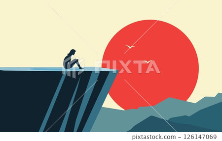 Woman People Silhouette Sitting Alone on Rocky Cliff Top Nature Landscape with Big Sun in Sunset Sky Woman People Silhouette Sitting Alone on Rocky Cliff Top Nature Landscape with Big Sun in Sunset Sky 126147069