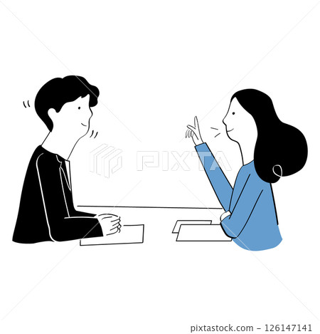 A male employee sitting at a desk receiving advice and a woman consulting with him Line drawing illustration A male employee sitting at a desk receiving advice and a woman consulting with him Line drawing illustration 126147141