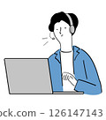 A man having an online conversation in front of a laptop computer Line drawing illustration 126147143