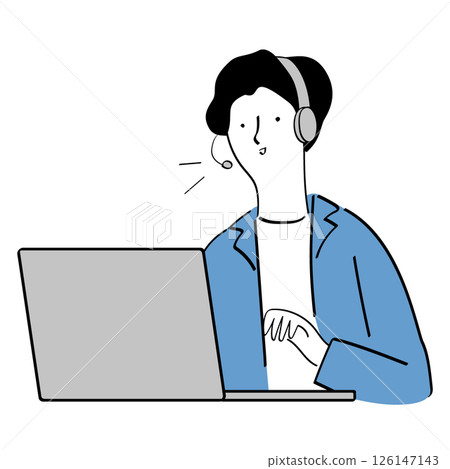 A man having an online conversation in front of a laptop computer Line drawing illustration 126147143