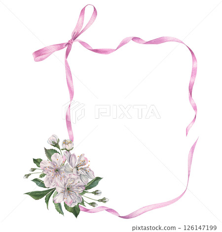 Rectangular ribbon frame with a bow and white cherry blossoms, leaves, buds. Hand drawn watercolor illustration with a curly satin ribbon on isolated background. Ideal for elegant wedding invitations. Rectangular ribbon frame with a bow and white cherry blossoms, leaves, buds. Hand drawn watercolor illustration with a curly satin ribbon on isolated background. Ideal for elegant wedding invitations. 126147199