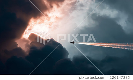 A large passenger plane flying in a beautiful sunset and a sea of clouds 126147285