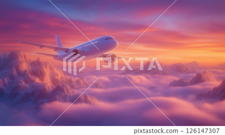 一架大型客機在美麗的夕陽和雲海中飛行 126147307