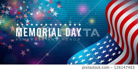 Memorial Day of the USA Illustration with American Flag on Falling Colorful Star Background.. Vector National Veteran Patriotic Celebration Design with Typography Lettering for Banner, Postcard, Flyer 126147483