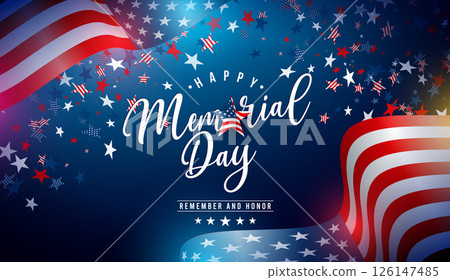 Memorial Day of the USA Vector Illustration with American Flag on Falling Colorful Star Background. National Veteran Patriotic Celebration Design with Typography Lettering for Banner, Flyer, Greeting 126147485
