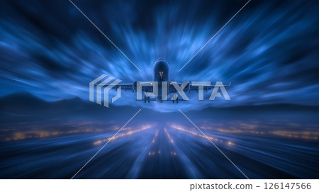 A passenger plane takes off powerfully from a night runway, with a dense fog effect A passenger plane takes off powerfully from a night runway, with a dense fog effect 126147566