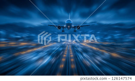 一架客機在濃霧籠罩的夜間跑道上強勁起飛 126147574