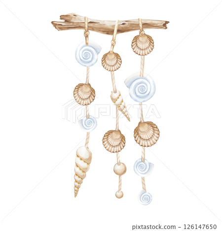 Watercolor illustration of interior decoration made of shells, jute rope and driftwood. A group of objects on a white background. Home decor. A marine-style design clipart. 126147650
