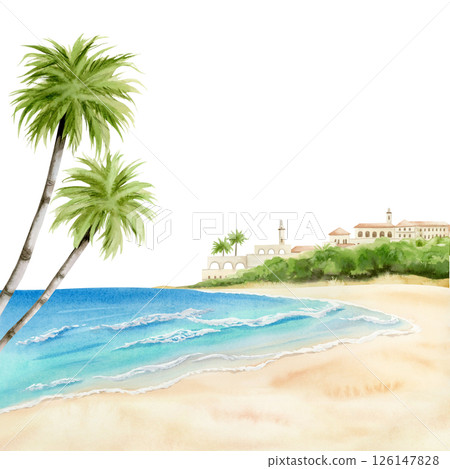 Mediterranean coastal landscape watercolor illustration isolated on white. Palm trees on ocean shore or beach for tropical summer vacation and travel designs. Spa resort hand drawn clip art Mediterranean coastal landscape watercolor illustration isolated on white. Palm trees on ocean shore or beach for tropical summer vacation and travel designs. Spa resort hand drawn clip art 126147828