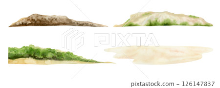 Summer ocean nature landscape elements, watercolor isolated illustration set. Tropical nature seascape with beach sand, mountains, seashore stones and bushes on islands. Coastal clip art Summer ocean nature landscape elements, watercolor isolated illustration set. Tropical nature seascape with beach sand, mountains, seashore stones and bushes on islands. Coastal clip art 126147837