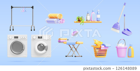 Laundry room equipment, bathroom stuff with washing machine and dryer, clean and dirty clothes, detergents shelf, rack with hangers, iron board, basket and bucket. Cartoon render set. 3D illustration 126148089
